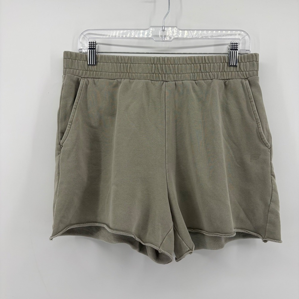 Fabletics Womens Medium Olive Green French Terry Lounge Shorts Raw Hem Pockets